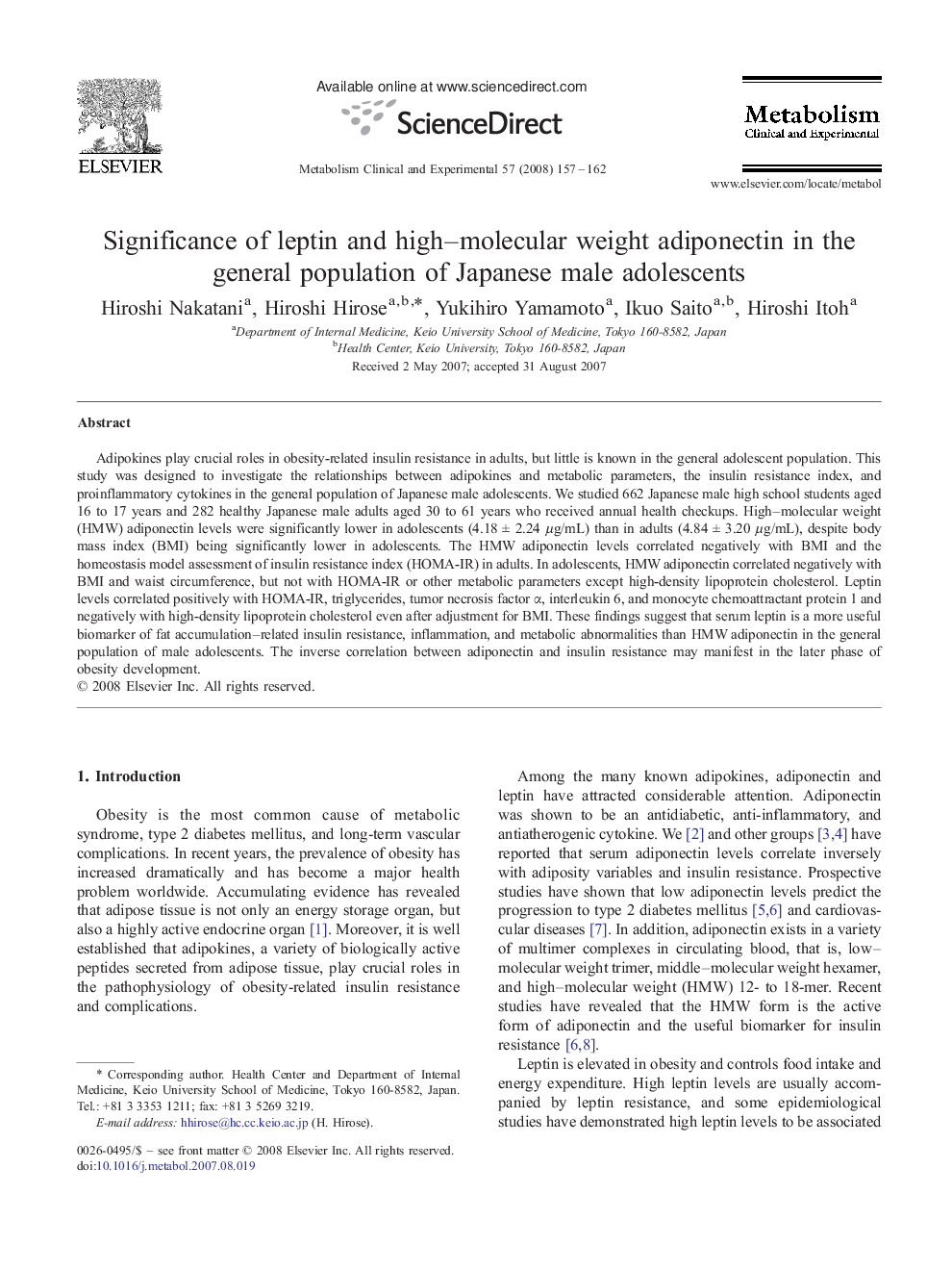Significance of leptin and high–molecular weight adiponectin in the general population of Japanese male adolescents