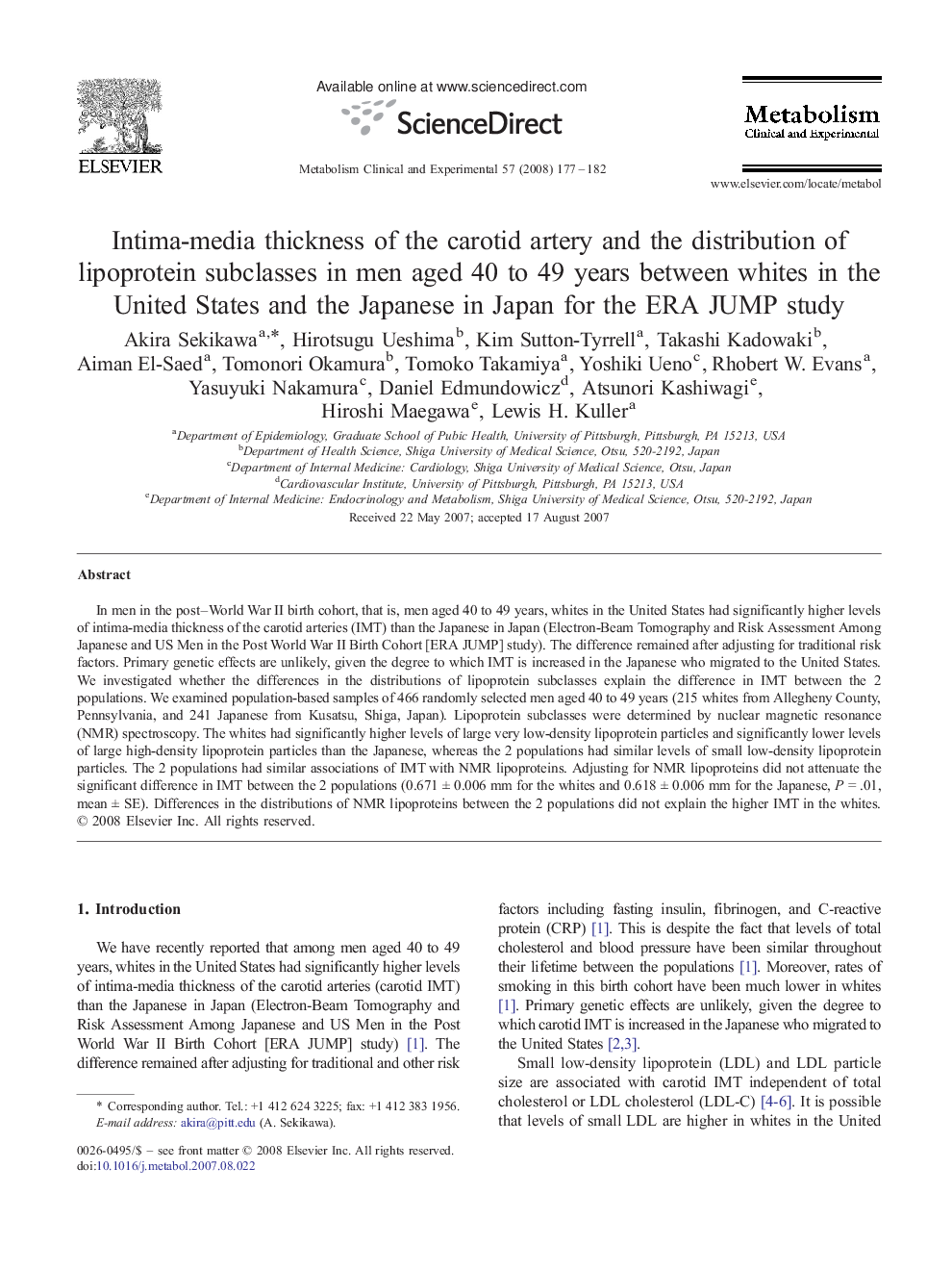 Intima-media thickness of the carotid artery and the distribution of lipoprotein subclasses in men aged 40 to 49 years between whites in the United States and the Japanese in Japan for the ERA JUMP study