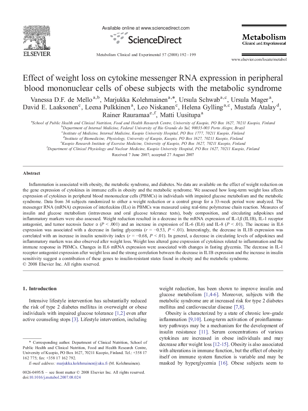 Effect of weight loss on cytokine messenger RNA expression in peripheral blood mononuclear cells of obese subjects with the metabolic syndrome