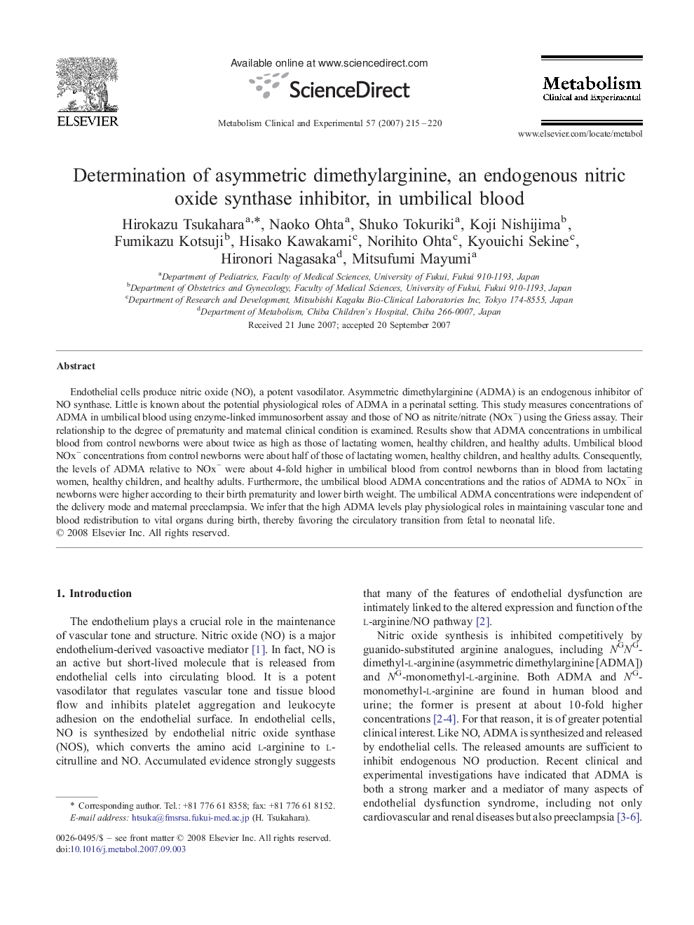 Determination of asymmetric dimethylarginine, an endogenous nitric oxide synthase inhibitor, in umbilical blood