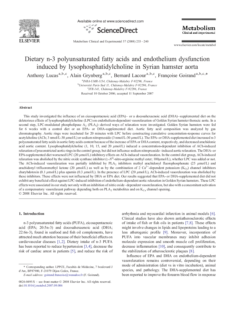 Dietary n-3 polyunsaturated fatty acids and endothelium dysfunction induced by lysophosphatidylcholine in Syrian hamster aorta