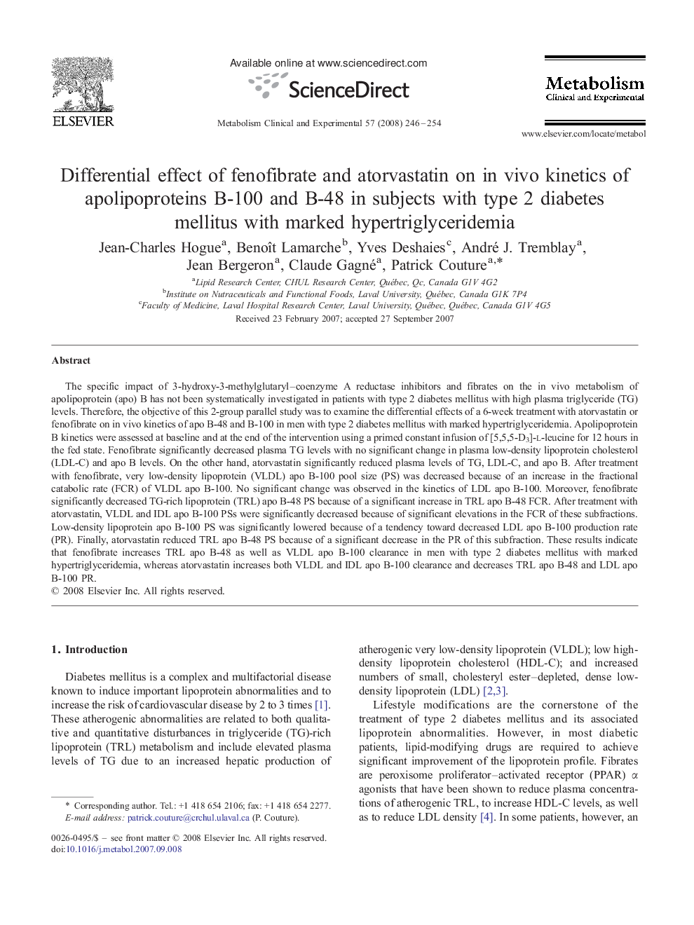 Differential effect of fenofibrate and atorvastatin on in vivo kinetics of apolipoproteins B-100 and B-48 in subjects with type 2 diabetes mellitus with marked hypertriglyceridemia