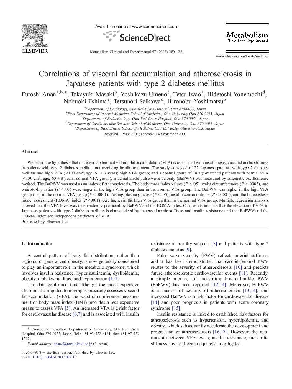 Correlations of visceral fat accumulation and atherosclerosis in Japanese patients with type 2 diabetes mellitus