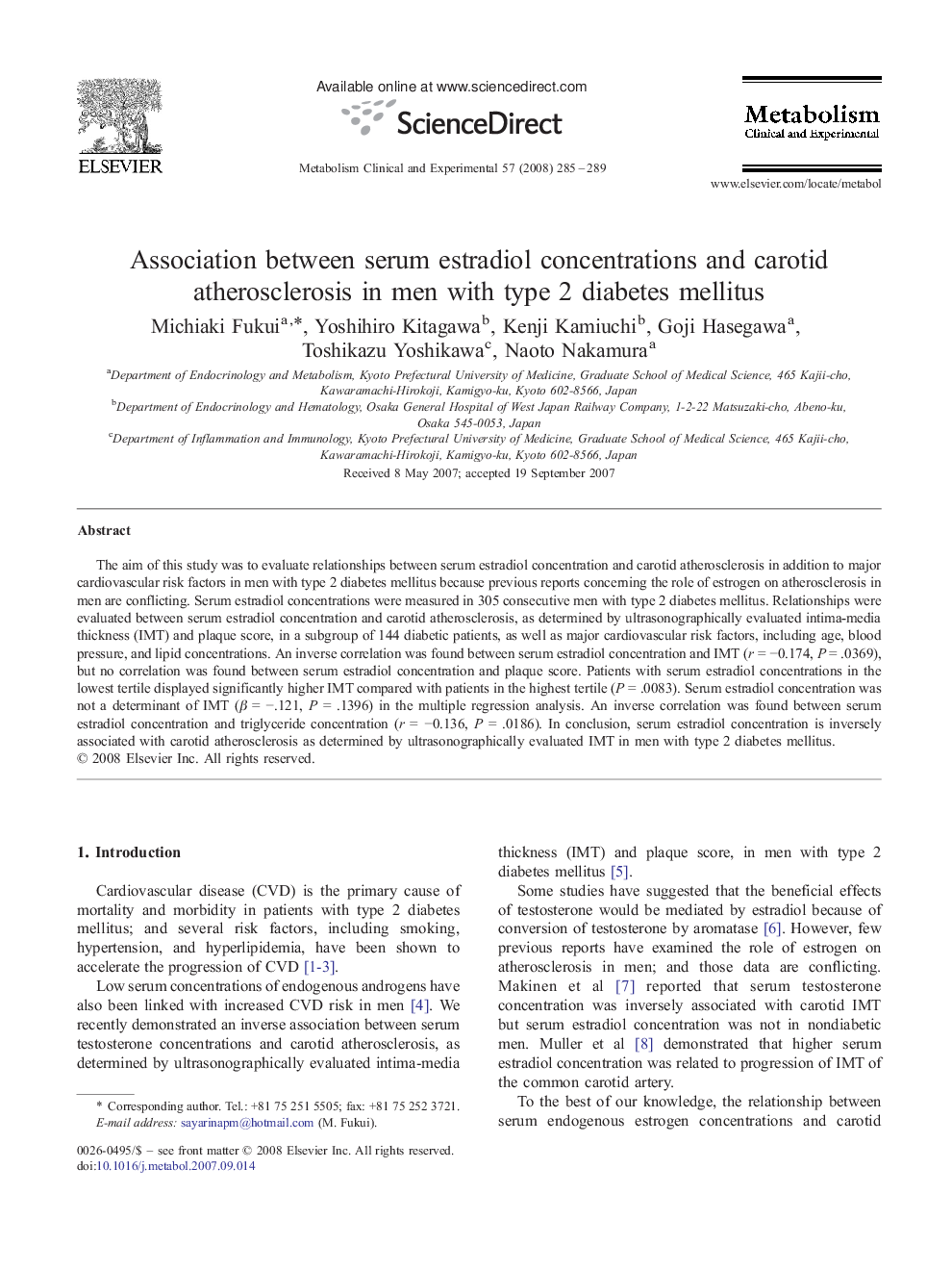Association between serum estradiol concentrations and carotid atherosclerosis in men with type 2 diabetes mellitus