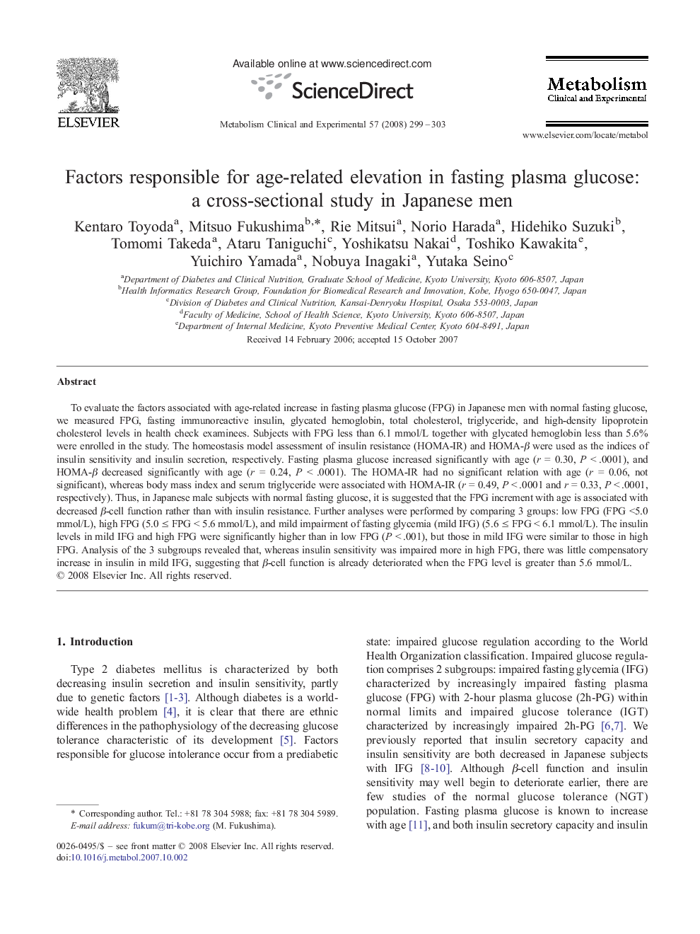 Factors responsible for age-related elevation in fasting plasma glucose: a cross-sectional study in Japanese men