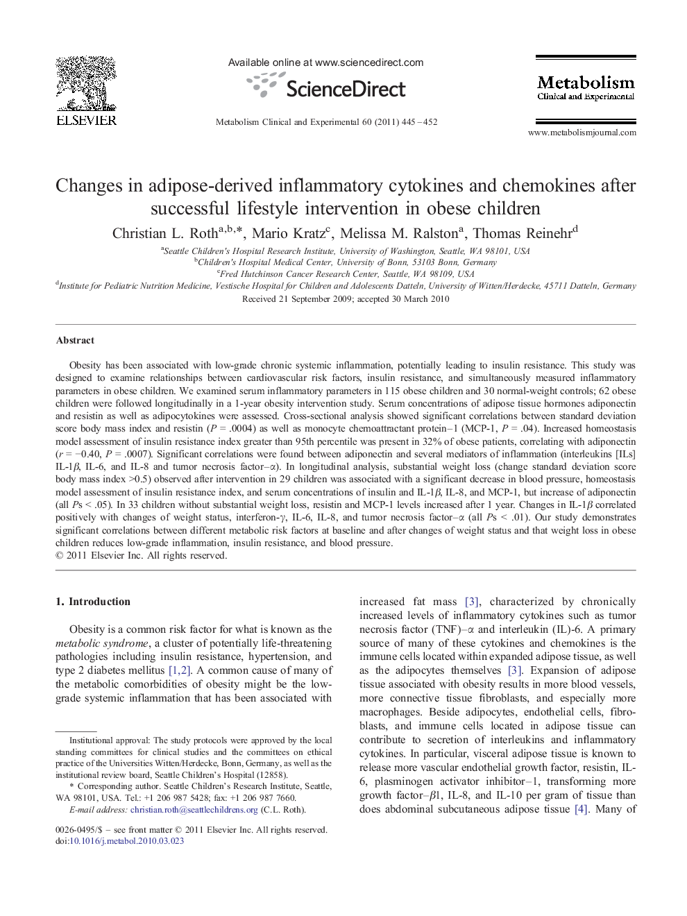 Changes in adipose-derived inflammatory cytokines and chemokines after successful lifestyle intervention in obese children 