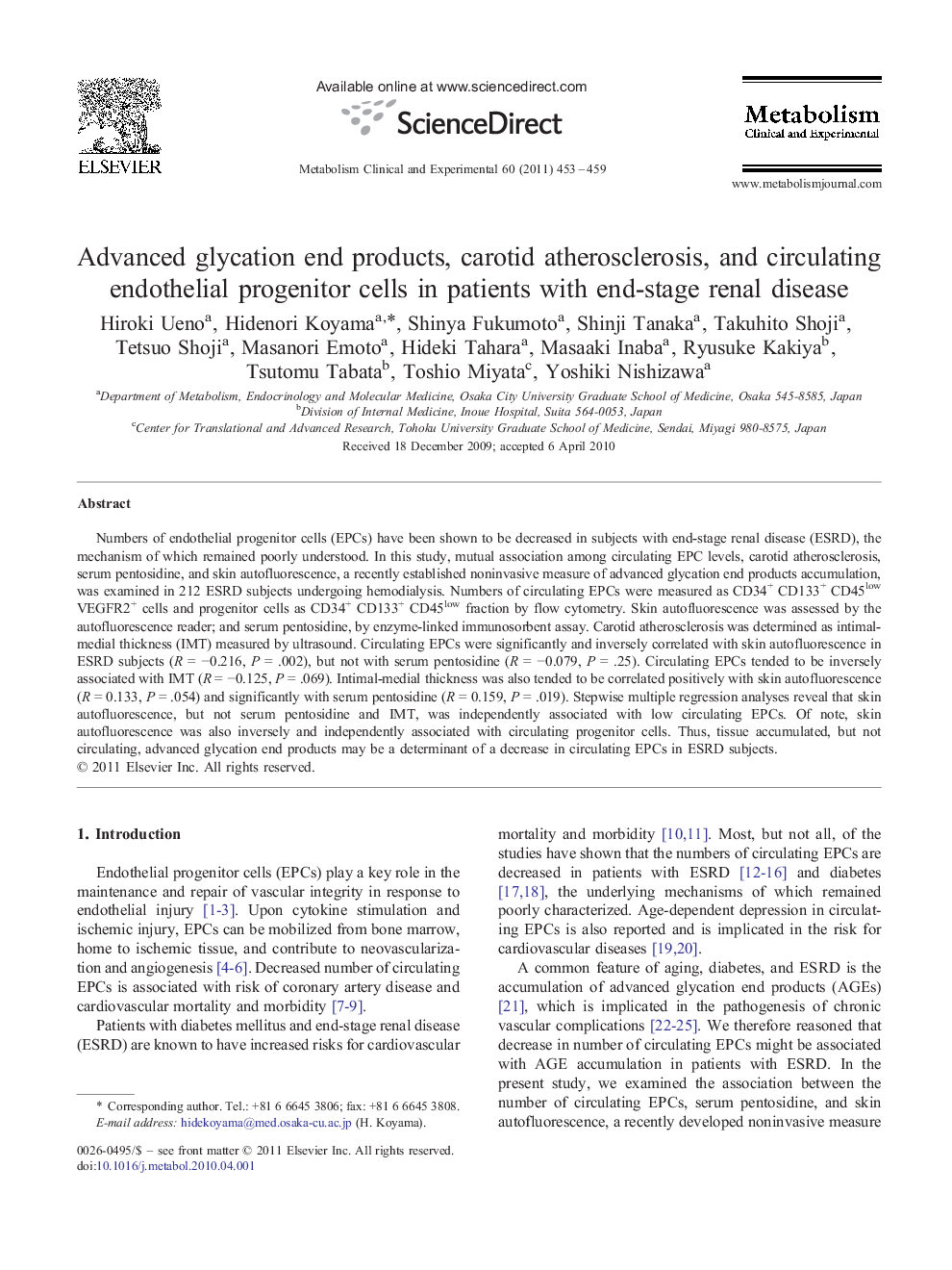 Advanced glycation end products, carotid atherosclerosis, and circulating endothelial progenitor cells in patients with end-stage renal disease