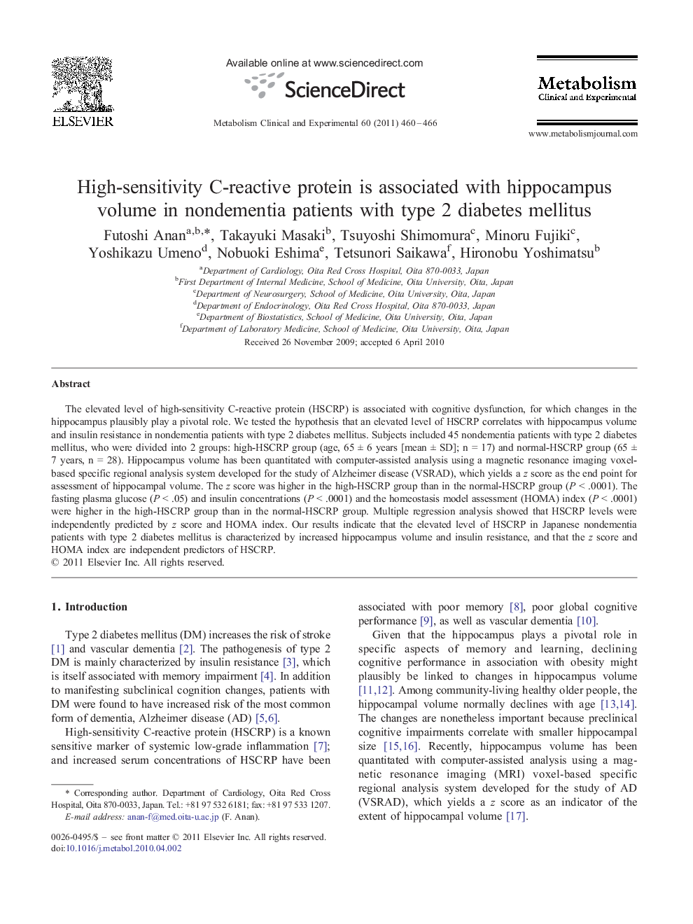 High-sensitivity C-reactive protein is associated with hippocampus volume in nondementia patients with type 2 diabetes mellitus