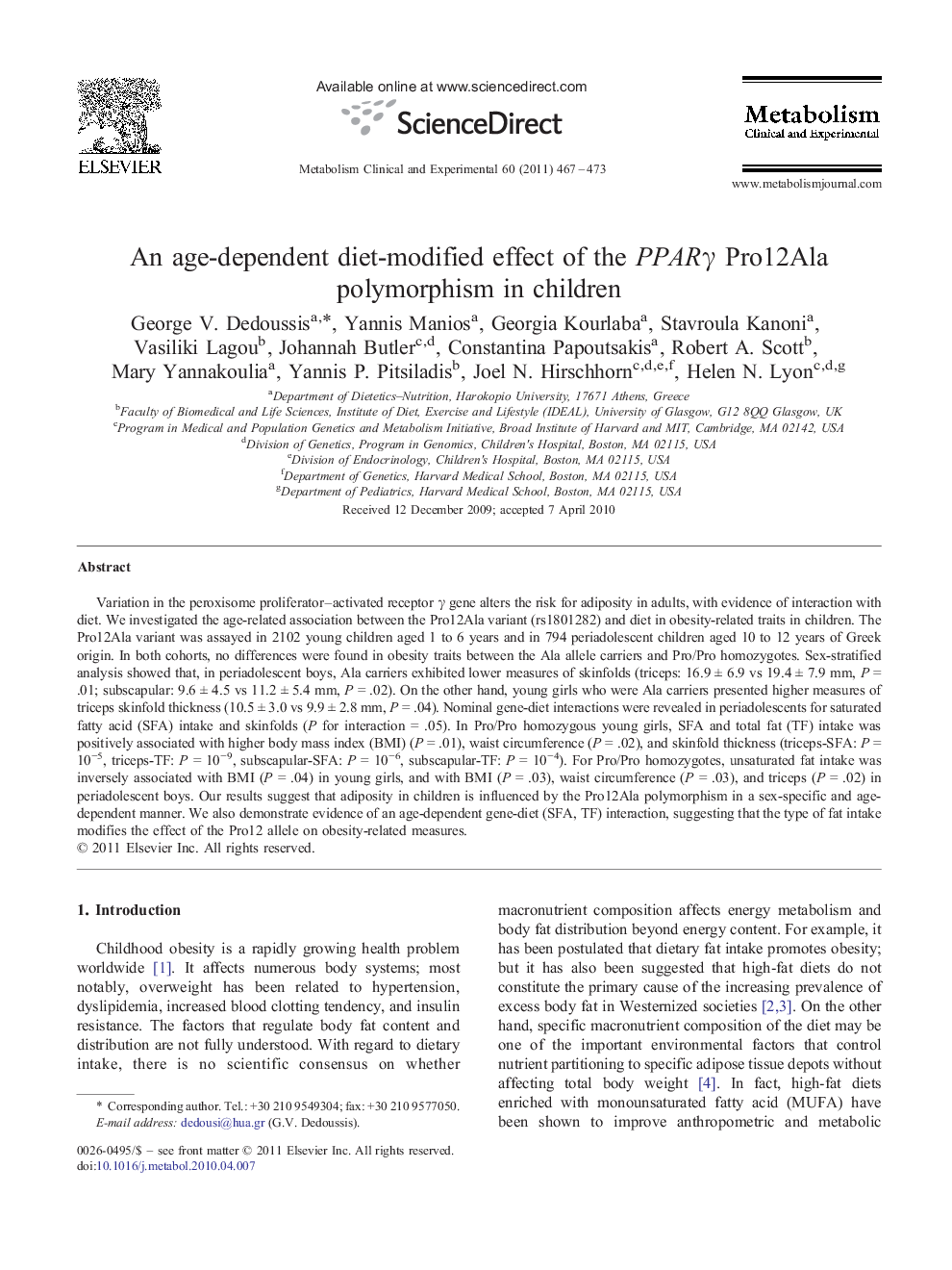 An age-dependent diet-modified effect of the PPARγ Pro12Ala polymorphism in children