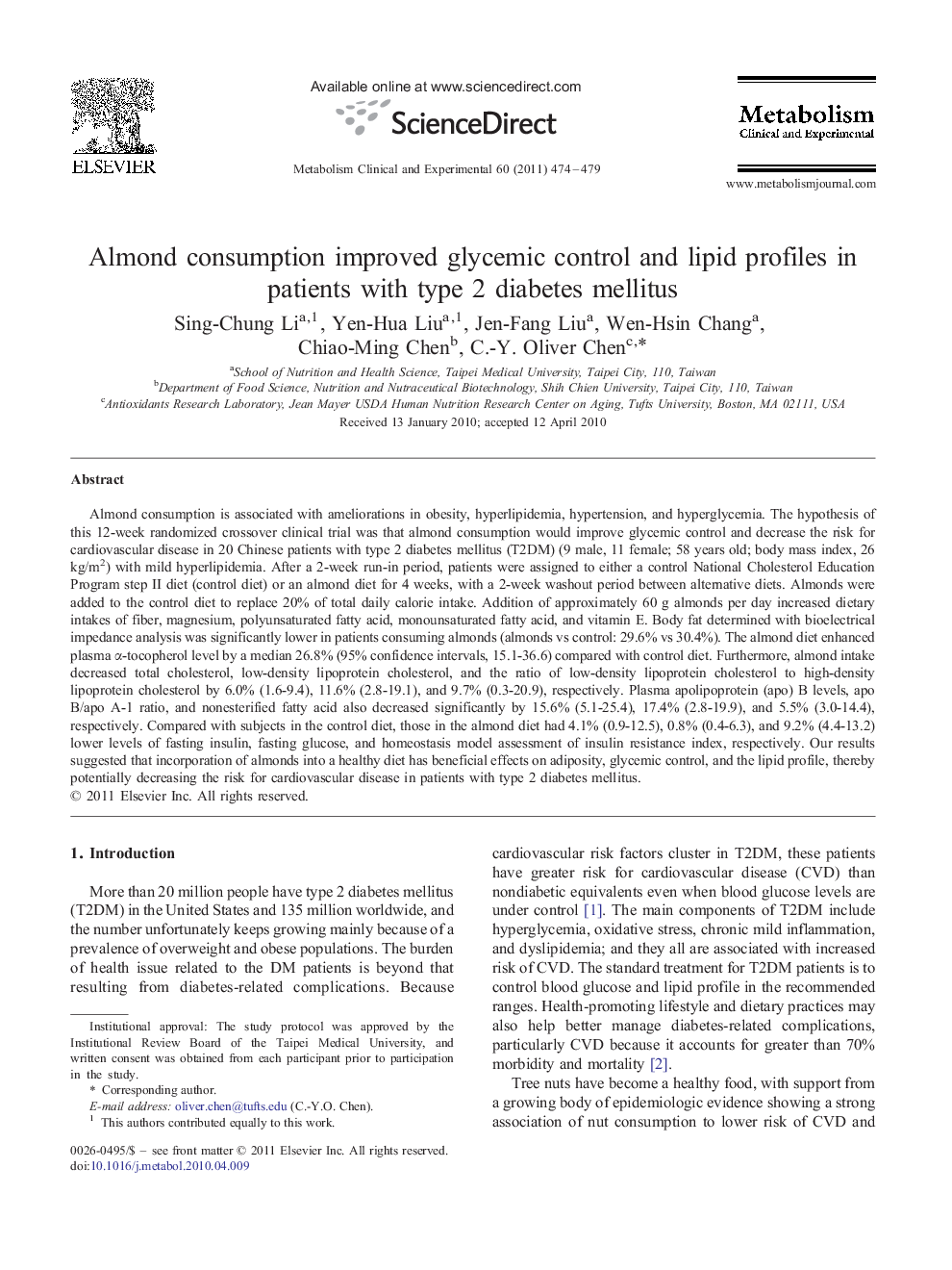 Almond consumption improved glycemic control and lipid profiles in patients with type 2 diabetes mellitus 