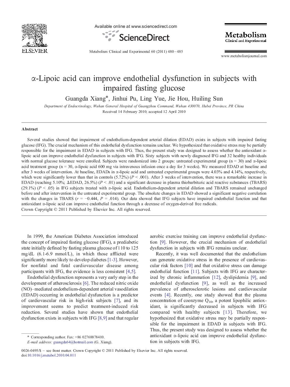 α-Lipoic acid can improve endothelial dysfunction in subjects with impaired fasting glucose
