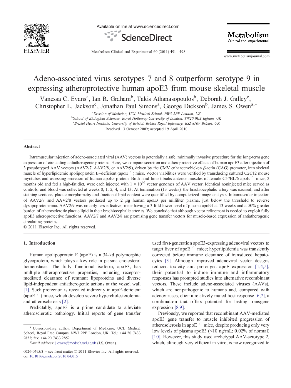 Adeno-associated virus serotypes 7 and 8 outperform serotype 9 in expressing atheroprotective human apoE3 from mouse skeletal muscle