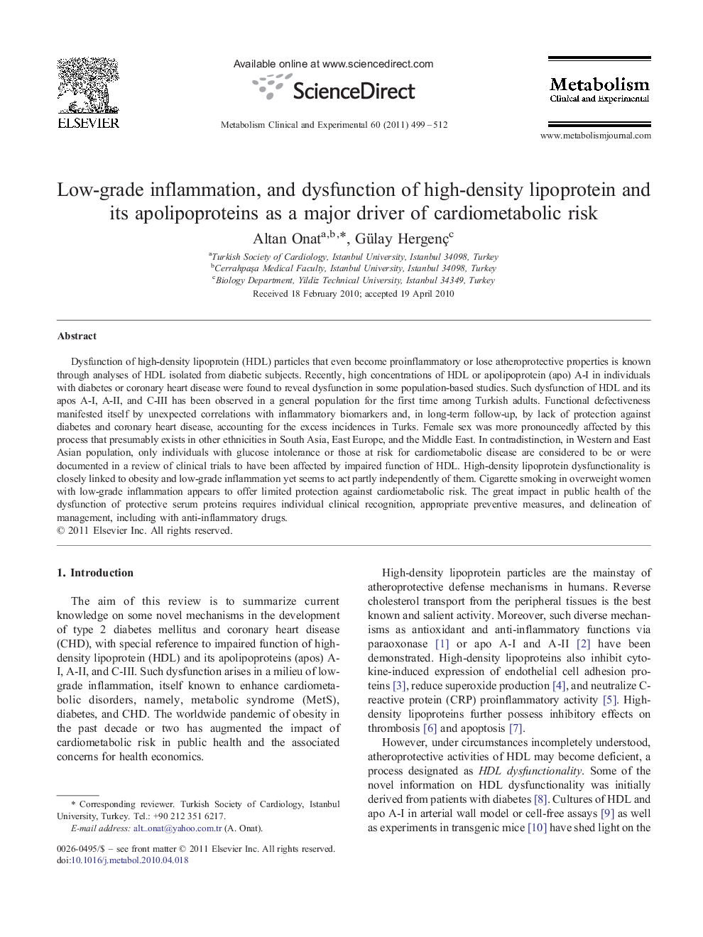 Low-grade inflammation, and dysfunction of high-density lipoprotein and its apolipoproteins as a major driver of cardiometabolic risk