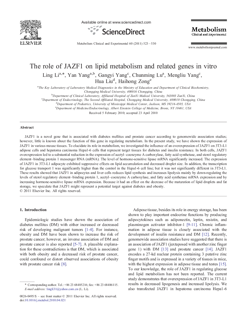 The role of JAZF1 on lipid metabolism and related genes in vitro