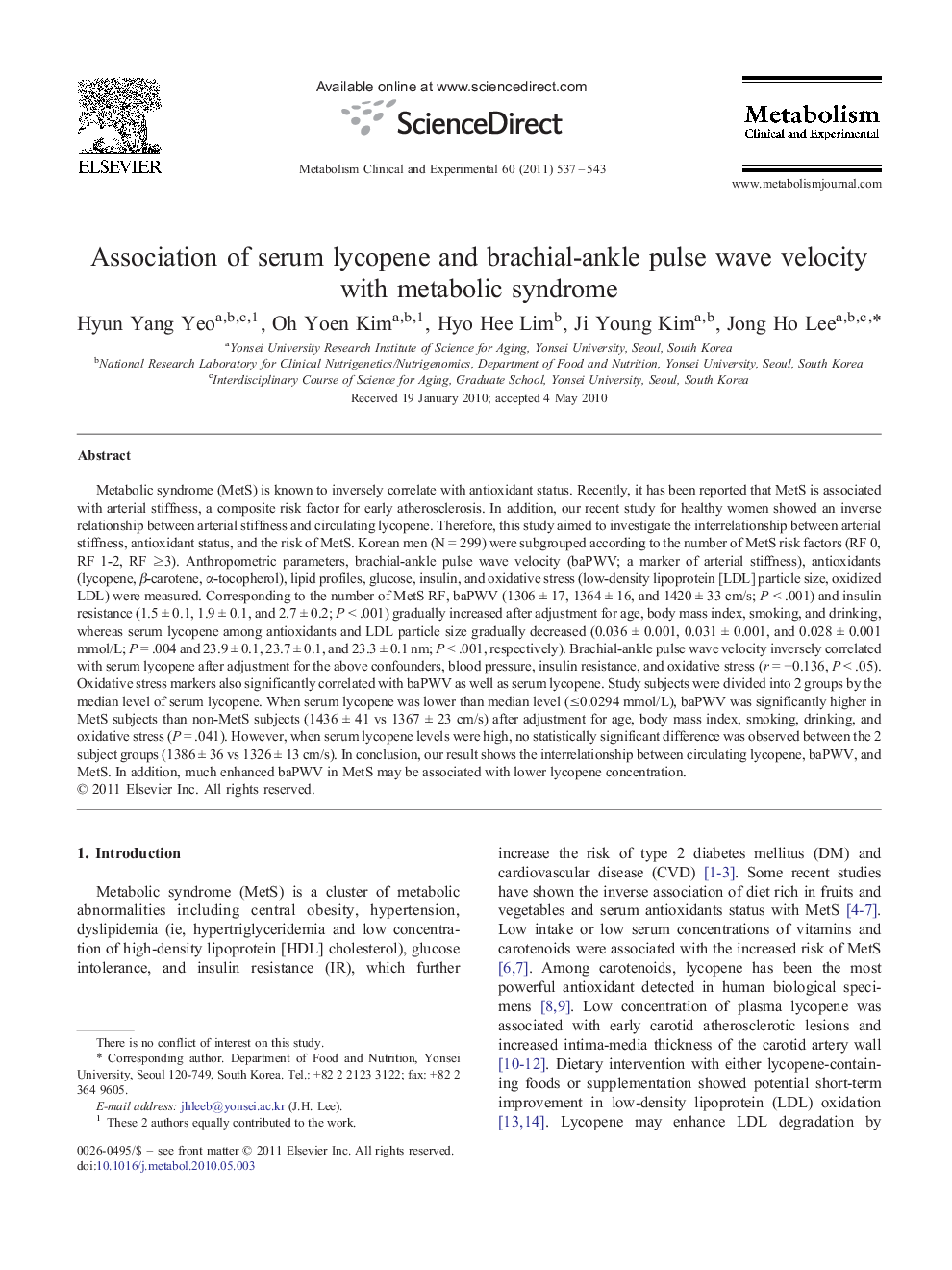 Association of serum lycopene and brachial-ankle pulse wave velocity with metabolic syndrome 