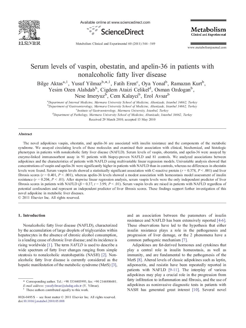 Serum levels of vaspin, obestatin, and apelin-36 in patients with nonalcoholic fatty liver disease