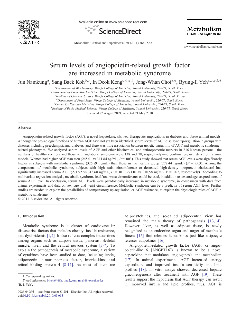 Serum levels of angiopoietin-related growth factor are increased in metabolic syndrome