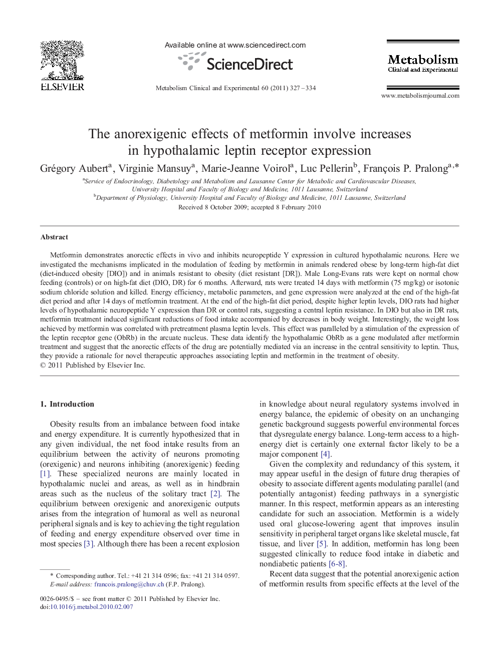 The anorexigenic effects of metformin involve increases in hypothalamic leptin receptor expression
