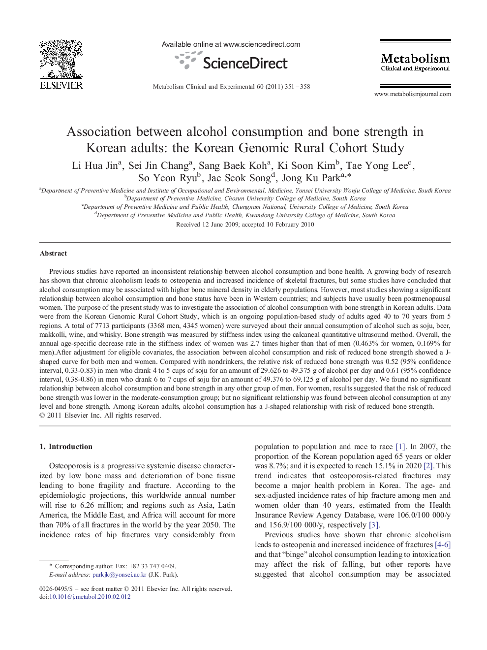 Association between alcohol consumption and bone strength in Korean adults: the Korean Genomic Rural Cohort Study