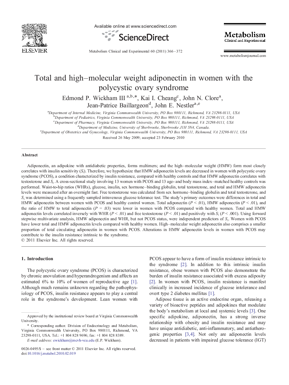 Total and high–molecular weight adiponectin in women with the polycystic ovary syndrome 