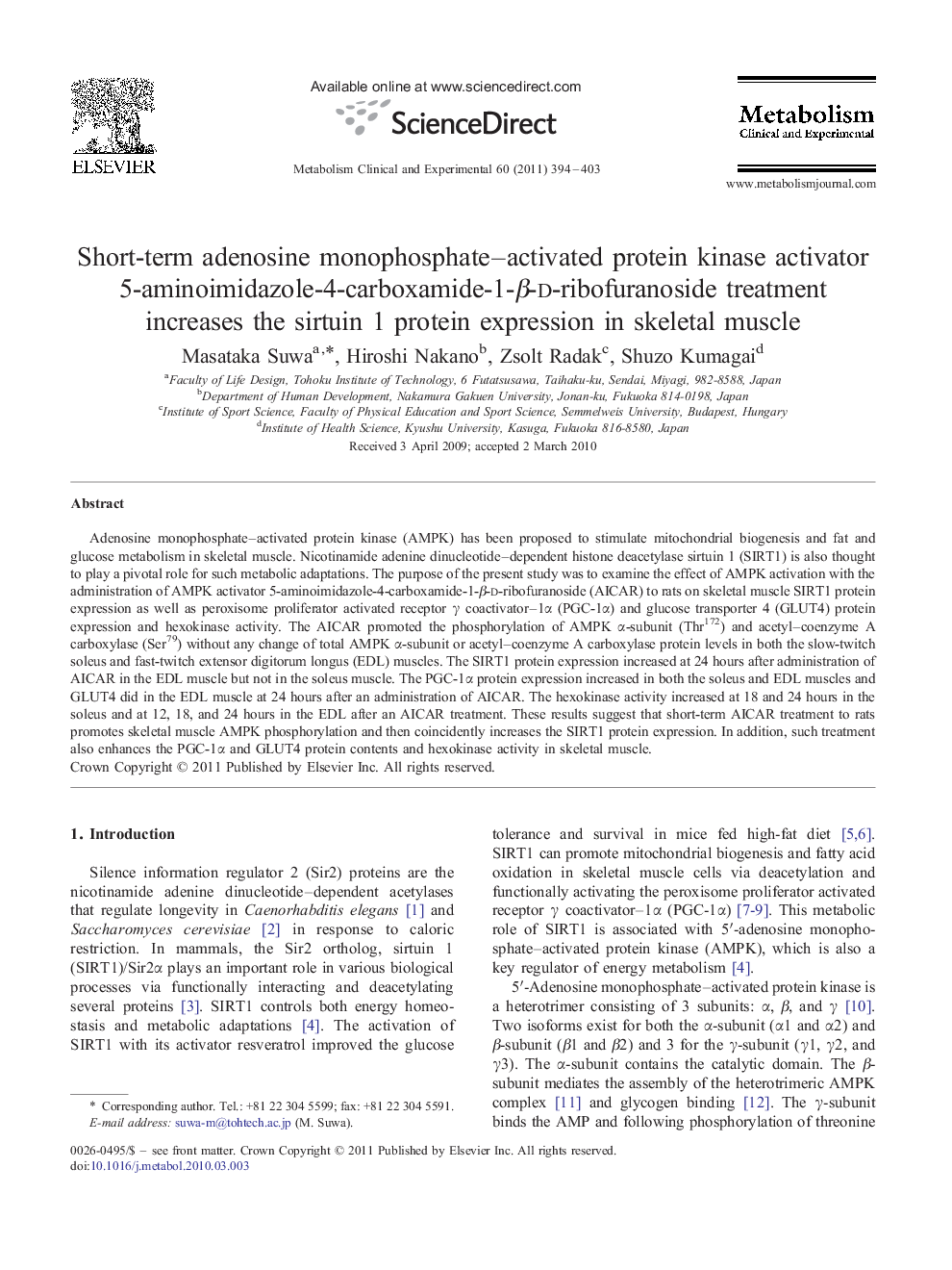 Short-term adenosine monophosphate–activated protein kinase activator 5-aminoimidazole-4-carboxamide-1-β-d-ribofuranoside treatment increases the sirtuin 1 protein expression in skeletal muscle
