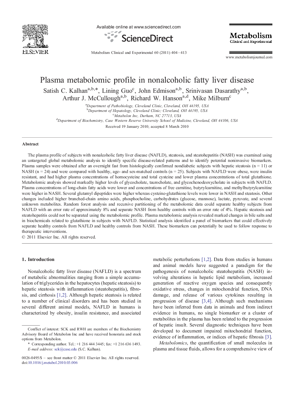 Plasma metabolomic profile in nonalcoholic fatty liver disease 