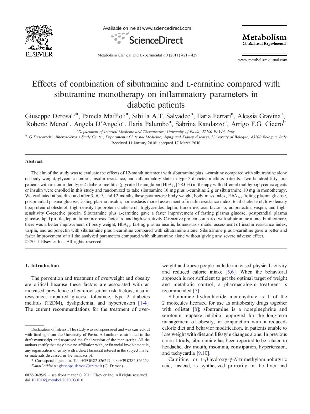 Effects of combination of sibutramine and l-carnitine compared with sibutramine monotherapy on inflammatory parameters in diabetic patients 