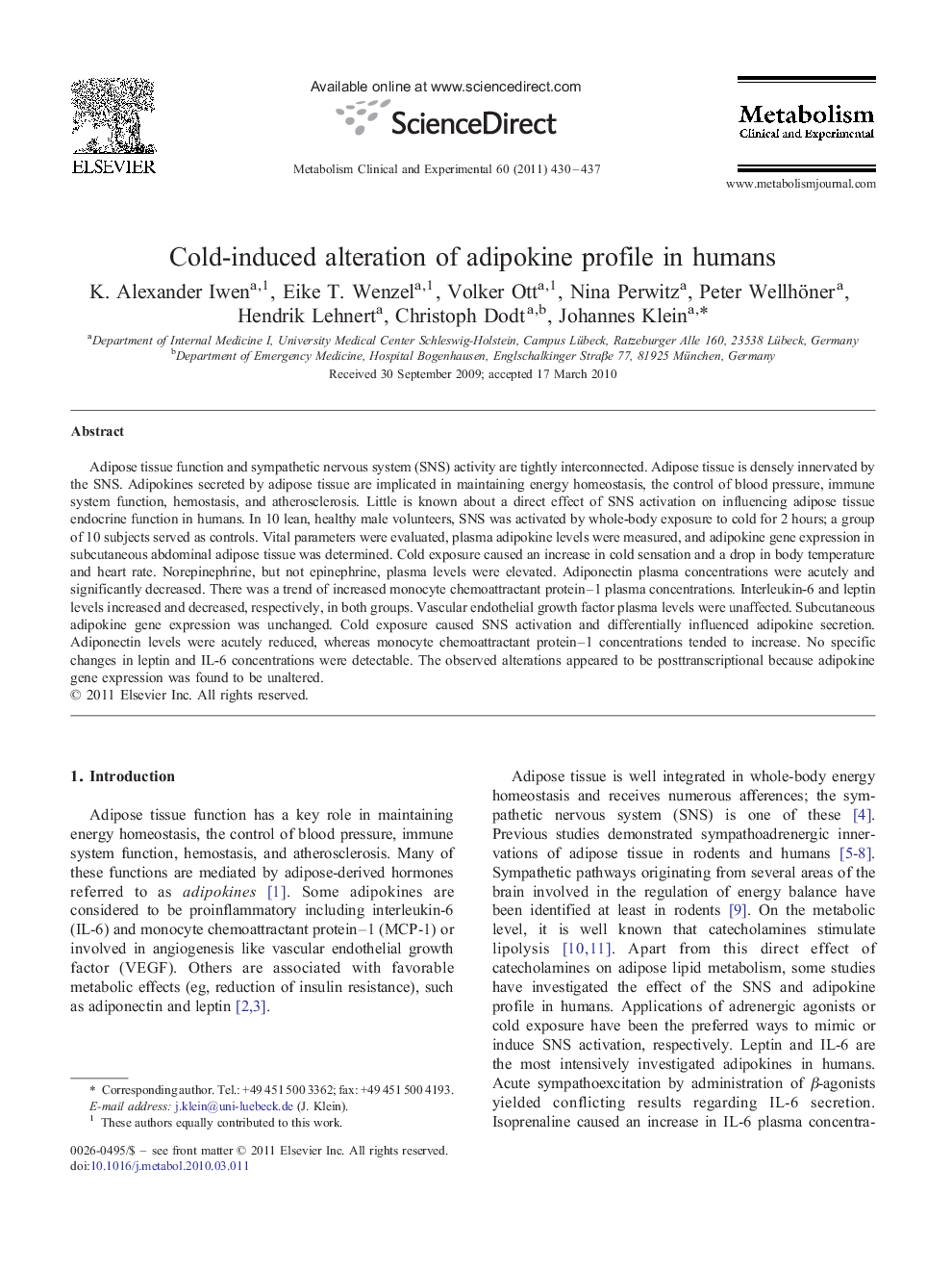 Cold-induced alteration of adipokine profile in humans