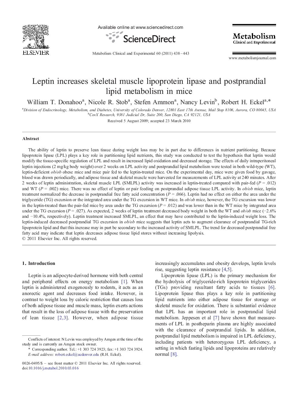 Leptin increases skeletal muscle lipoprotein lipase and postprandial lipid metabolism in mice 