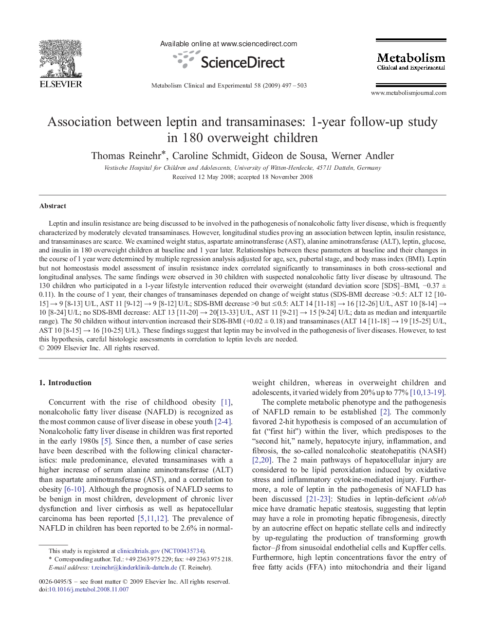Association between leptin and transaminases: 1-year follow-up study in 180 overweight children 