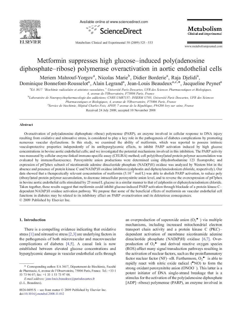 Metformin suppresses high glucose-induced poly(adenosine diphosphate-ribose) polymerase overactivation in aortic endothelial cells