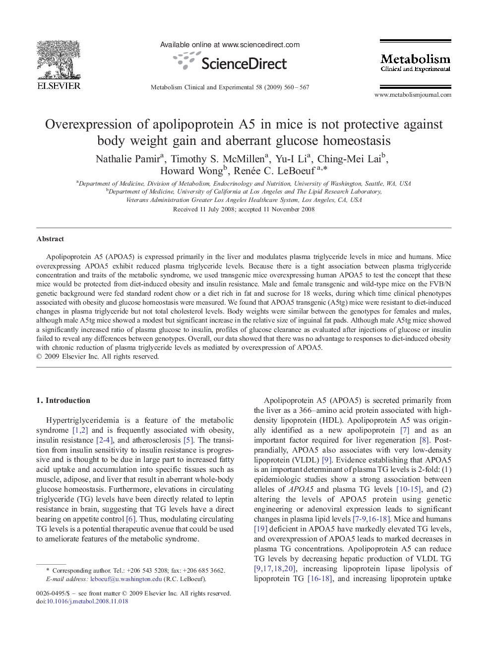 Overexpression of apolipoprotein A5 in mice is not protective against body weight gain and aberrant glucose homeostasis