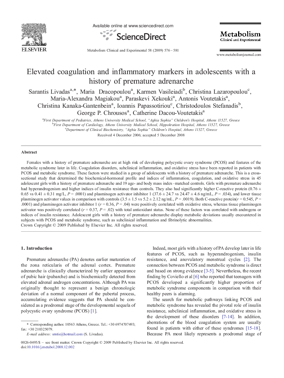 Elevated coagulation and inflammatory markers in adolescents with a history of premature adrenarche