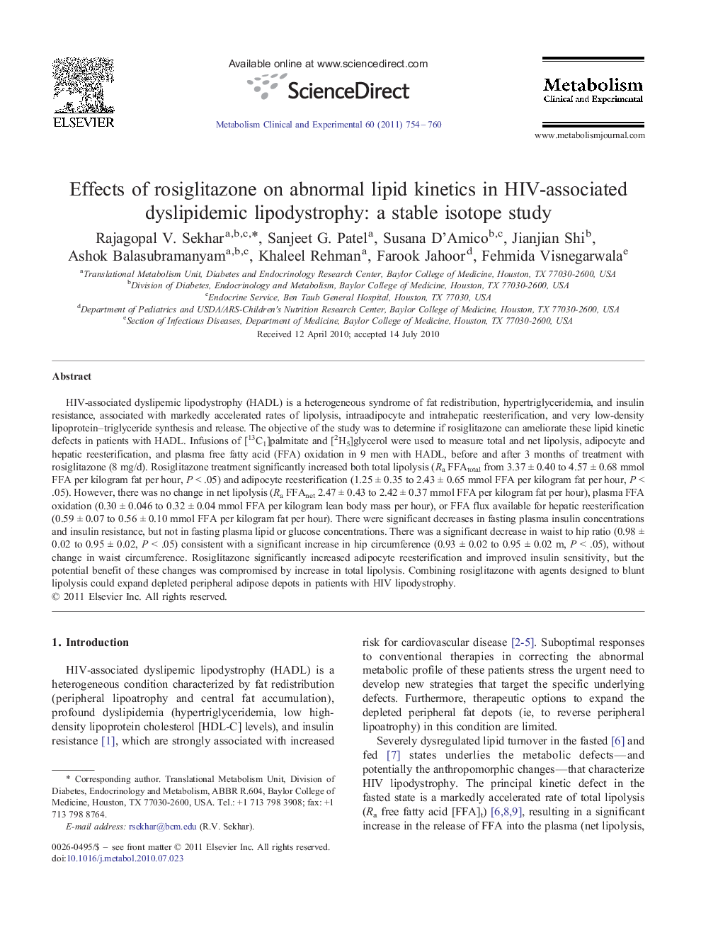 Effects of rosiglitazone on abnormal lipid kinetics in HIV-associated dyslipidemic lipodystrophy: a stable isotope study