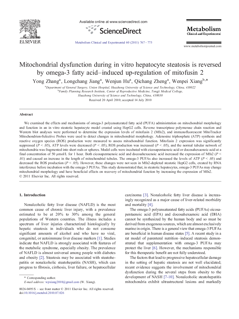 Mitochondrial dysfunction during in vitro hepatocyte steatosis is reversed by omega-3 fatty acid–induced up-regulation of mitofusin 2