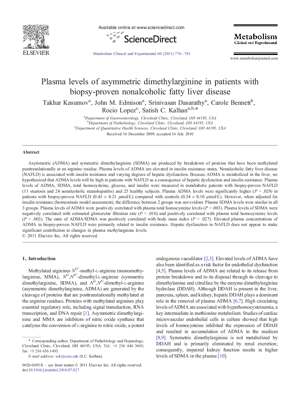 Plasma levels of asymmetric dimethylarginine in patients with biopsy-proven nonalcoholic fatty liver disease
