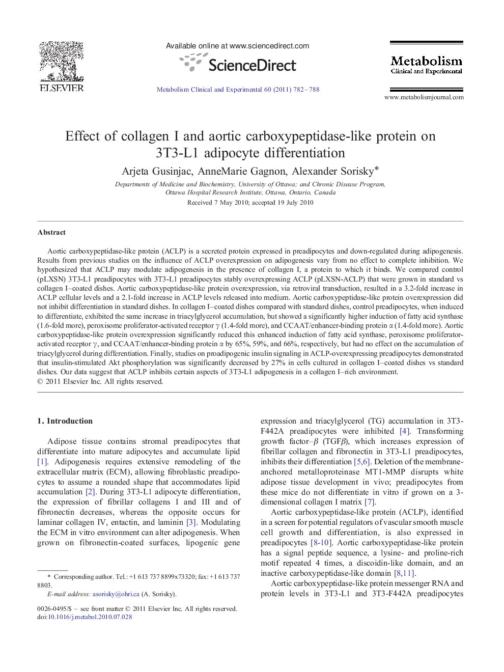 Effect of collagen I and aortic carboxypeptidase-like protein on 3T3-L1 adipocyte differentiation