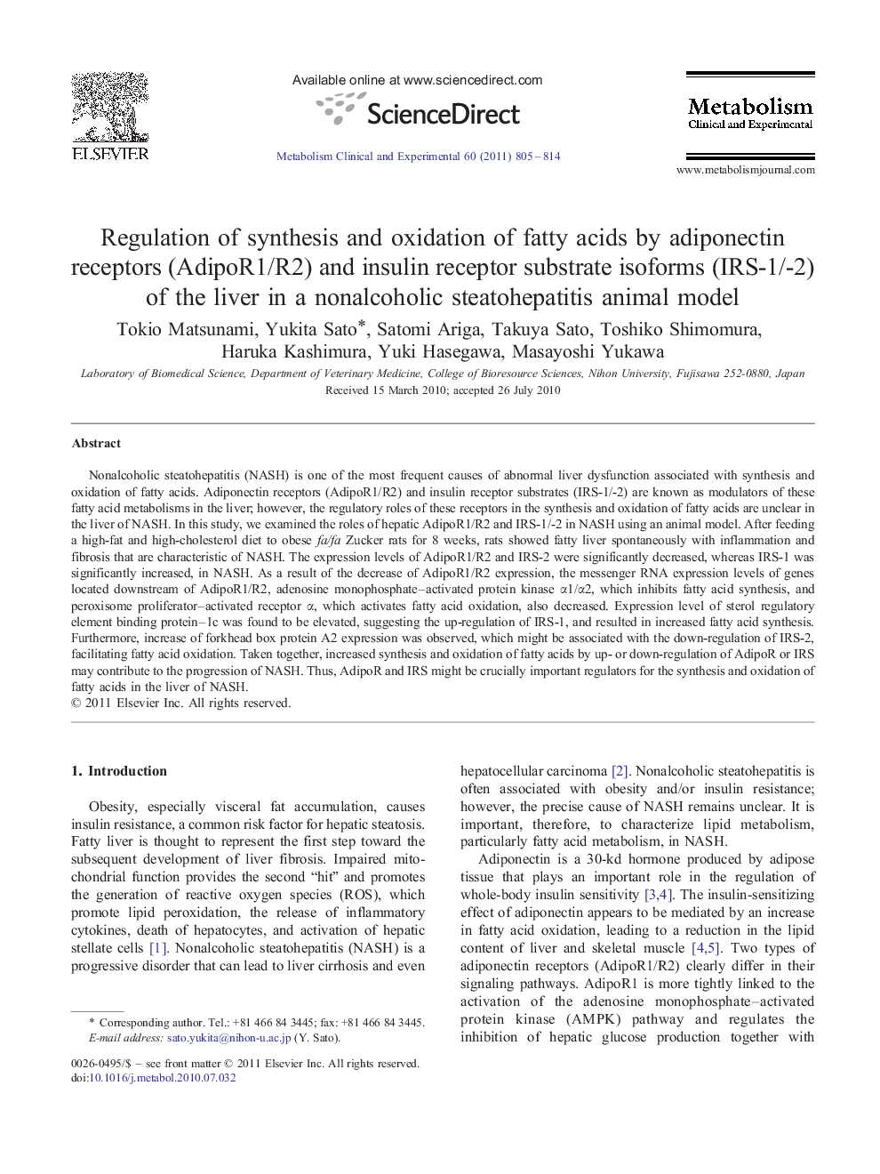 Regulation of synthesis and oxidation of fatty acids by adiponectin receptors (AdipoR1/R2) and insulin receptor substrate isoforms (IRS-1/-2) of the liver in a nonalcoholic steatohepatitis animal model