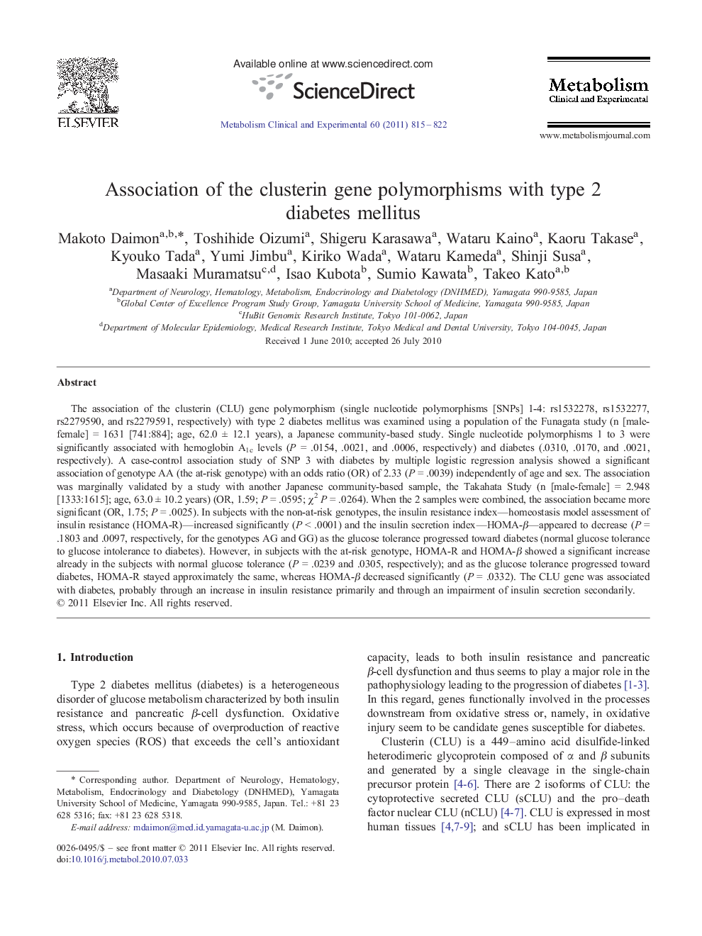 Association of the clusterin gene polymorphisms with type 2 diabetes mellitus
