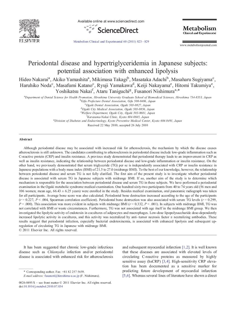 Periodontal disease and hypertriglyceridemia in Japanese subjects: potential association with enhanced lipolysis
