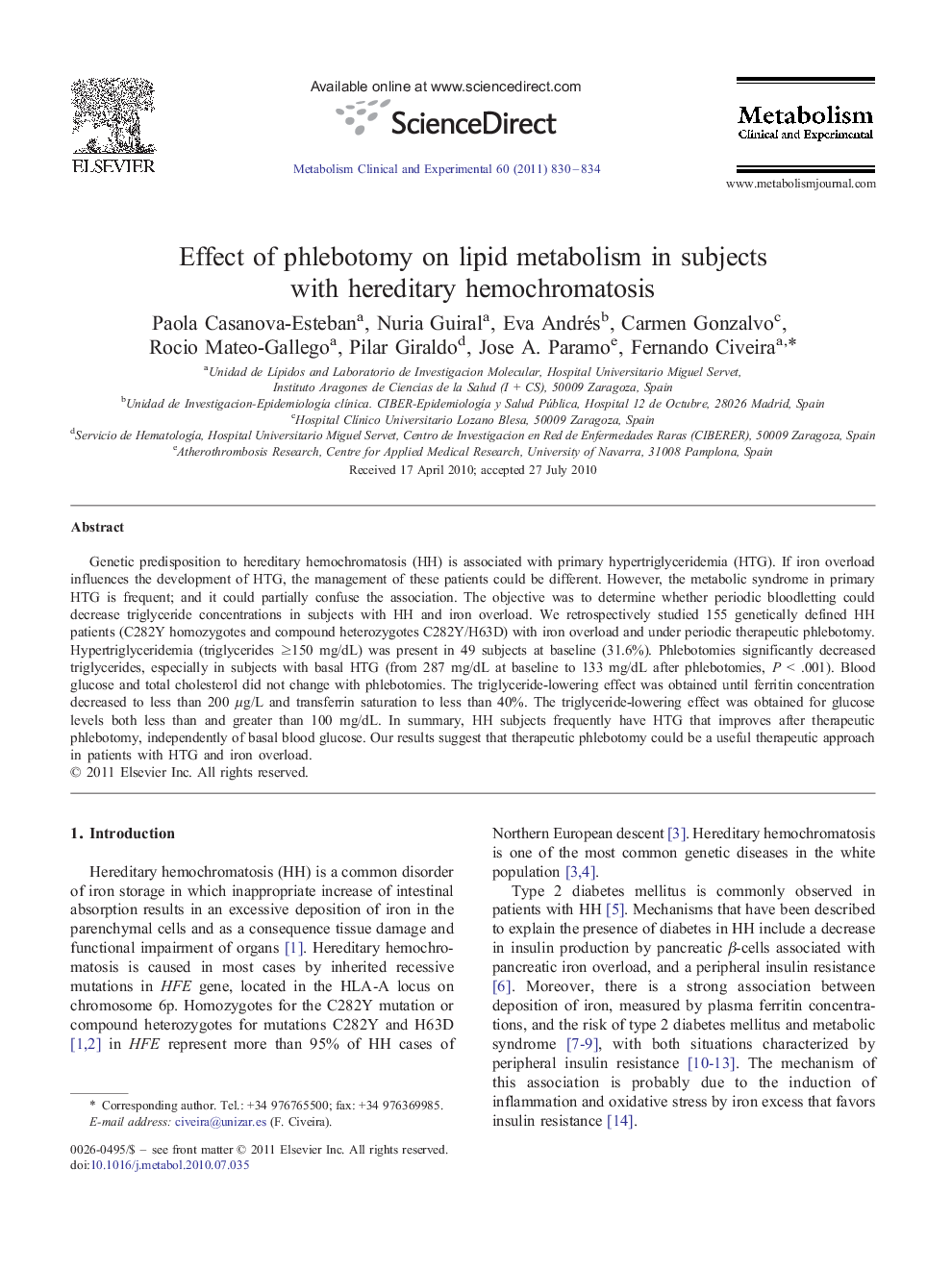 Effect of phlebotomy on lipid metabolism in subjects with hereditary hemochromatosis