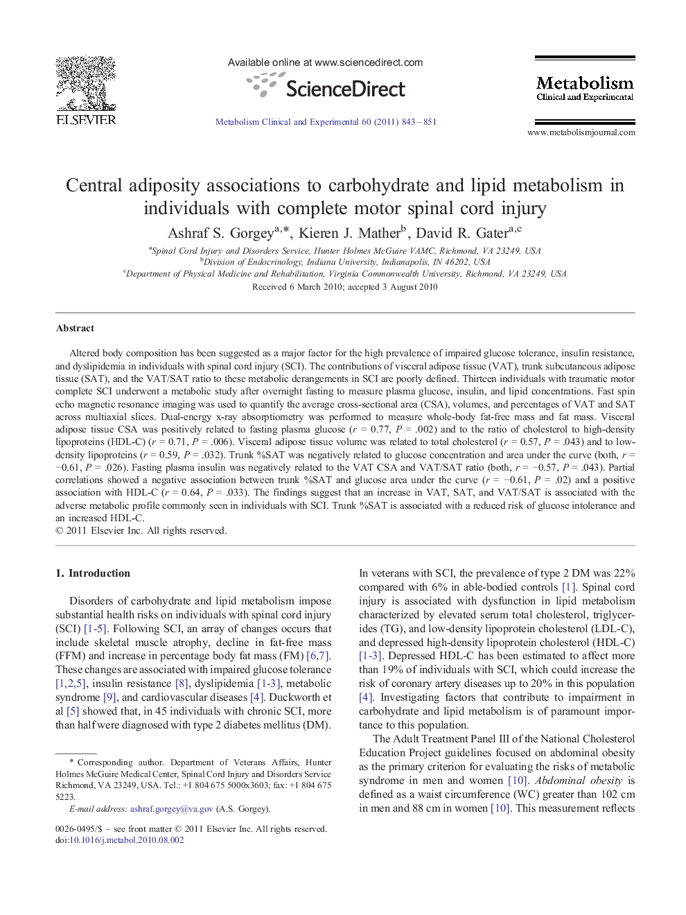 Central adiposity associations to carbohydrate and lipid metabolism in individuals with complete motor spinal cord injury