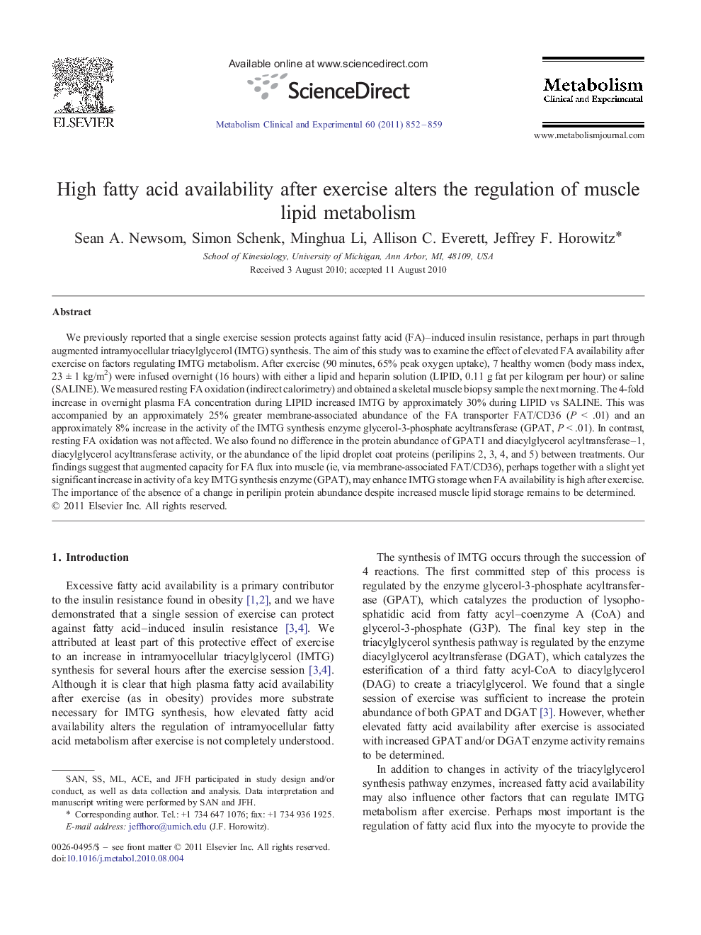 High fatty acid availability after exercise alters the regulation of muscle lipid metabolism