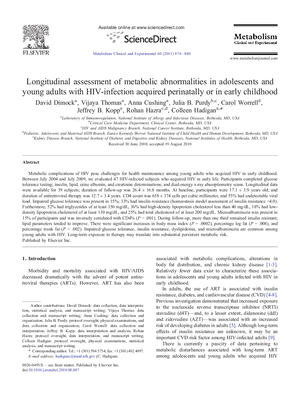Longitudinal assessment of metabolic abnormalities in adolescents and young adults with HIV-infection acquired perinatally or in early childhood 