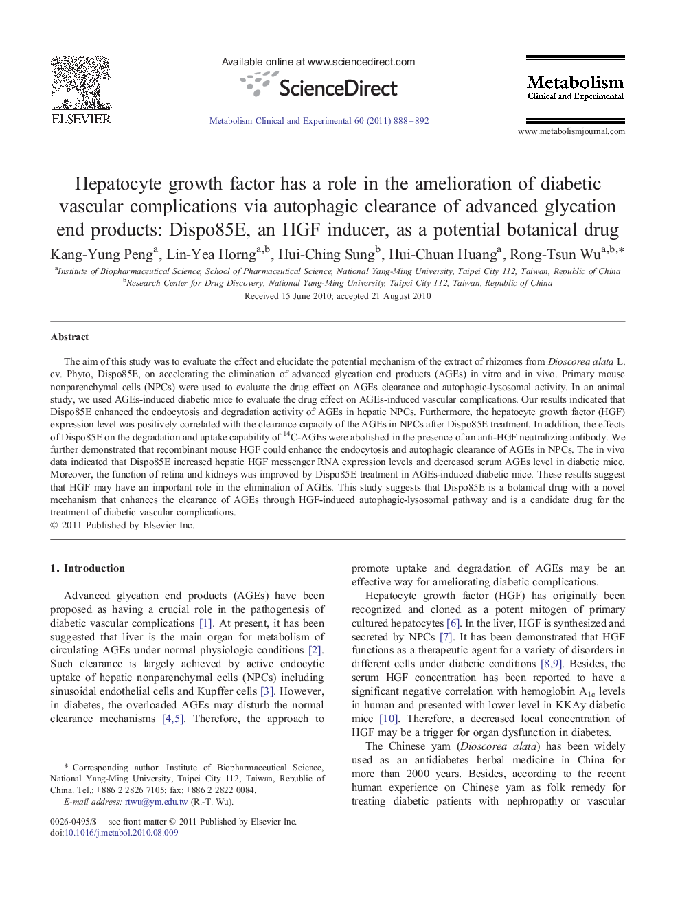 Hepatocyte growth factor has a role in the amelioration of diabetic vascular complications via autophagic clearance of advanced glycation end products: Dispo85E, an HGF inducer, as a potential botanical drug