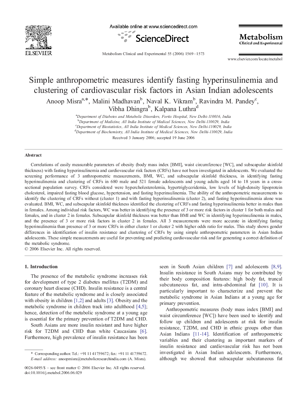 Simple anthropometric measures identify fasting hyperinsulinemia and clustering of cardiovascular risk factors in Asian Indian adolescents