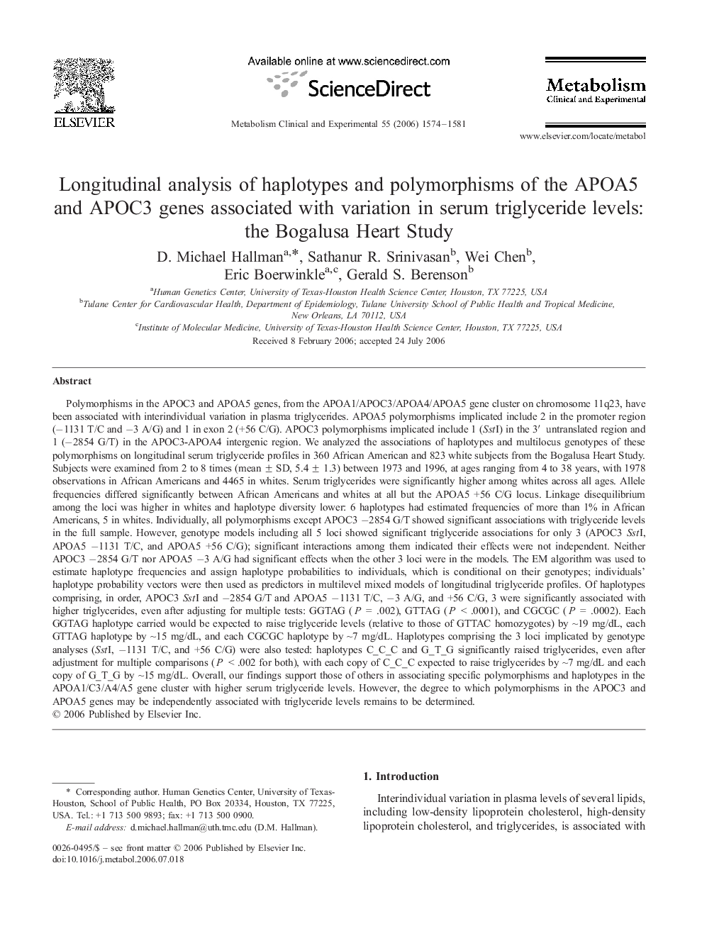 Longitudinal analysis of haplotypes and polymorphisms of the APOA5 and APOC3 genes associated with variation in serum triglyceride levels: the Bogalusa Heart Study