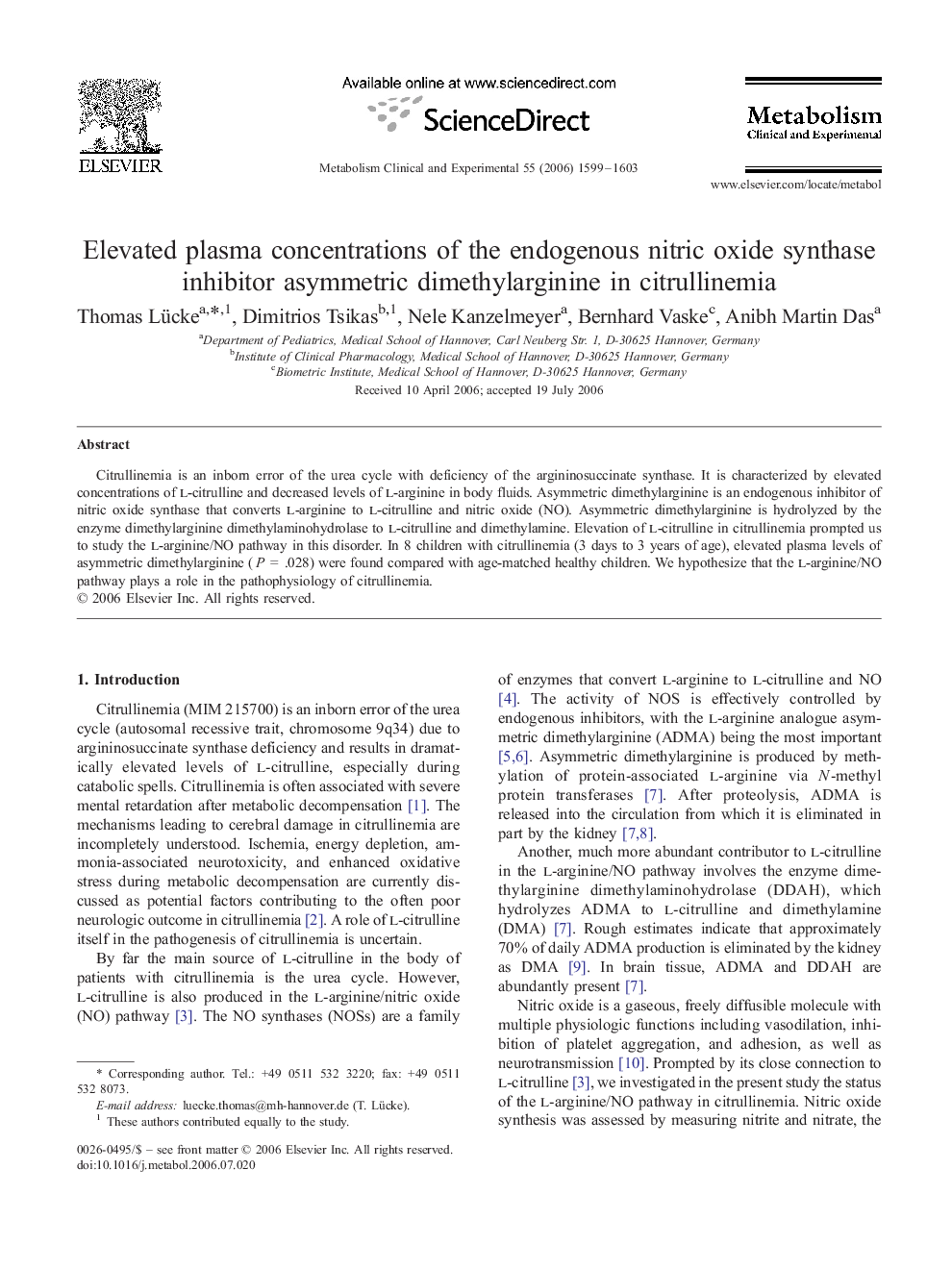 Elevated plasma concentrations of the endogenous nitric oxide synthase inhibitor asymmetric dimethylarginine in citrullinemia