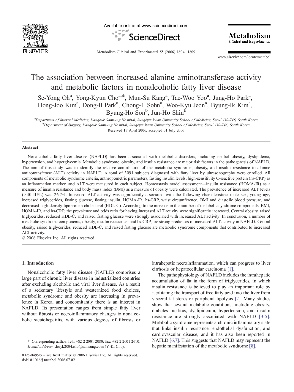 The association between increased alanine aminotransferase activity and metabolic factors in nonalcoholic fatty liver disease