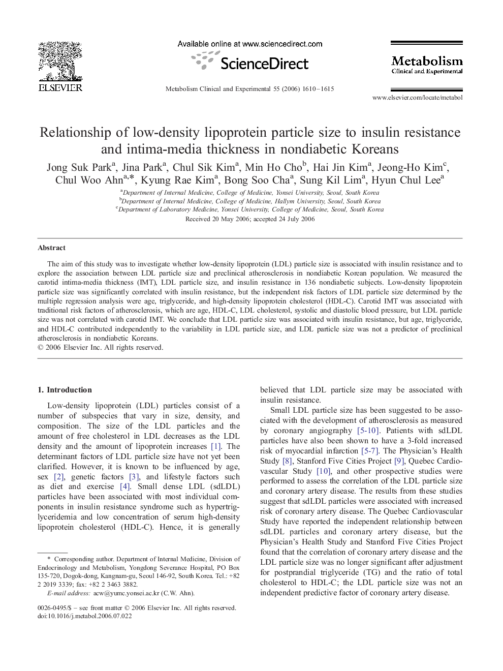 عکس صفحه اول مقاله: Relationship of low-density lipoprotein particle size to insulin resistance and intima-media thickness in nondiabetic Koreans Relationship of low-density lipoprotein particle size to insulin resistance and intima-media thickness in nondiabetic Koreans